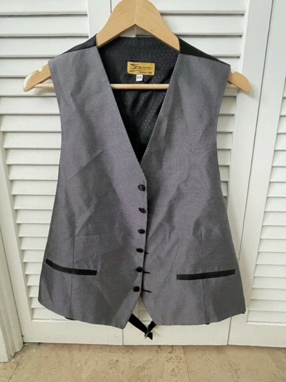 Dion Signature Silk Tuxedo Vest XL Gray Black Formal Waistcoat Adjustable Back
